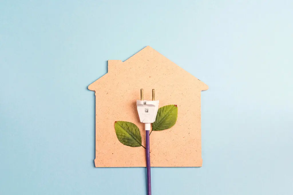 energie-sparen-haus-hausbau-geld-foerderung-21 Collage bestehend aus Haus aus Pappe mit Stromkabel und Blättern