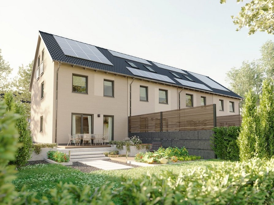 Reihenhaus Mainz 128 modernes Massivhaus mit vier Wohneinheiten Gartenansicht Neubau Reihenhaus Mainz 128 mit vier Wohneinheiten Gartenansicht mit Terrasse und großen Fenstern