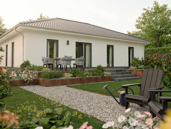 Bungalow 110 – Komfortables Wohnen auf einer Ebene Der Bungalow 110 bietet eine clevere Raumaufteilung mit großzügigem Wohnbereich. Ideal für alle, die barrierearm und komfortabel wohnen möchten.