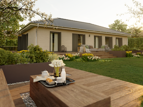 Bungalow-131 Die fünfte Variante des Bungalow 131 bietet ein großzügiges Wohlfühlbad, eine integrierte Ankleide im Schlafzimmer und eine minimalistische Planung, die bewusst auf ein Gäste-WC verzichtet.